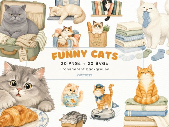 Download Cute Watercolor Mischievous Cat Cliparts - Color Collection